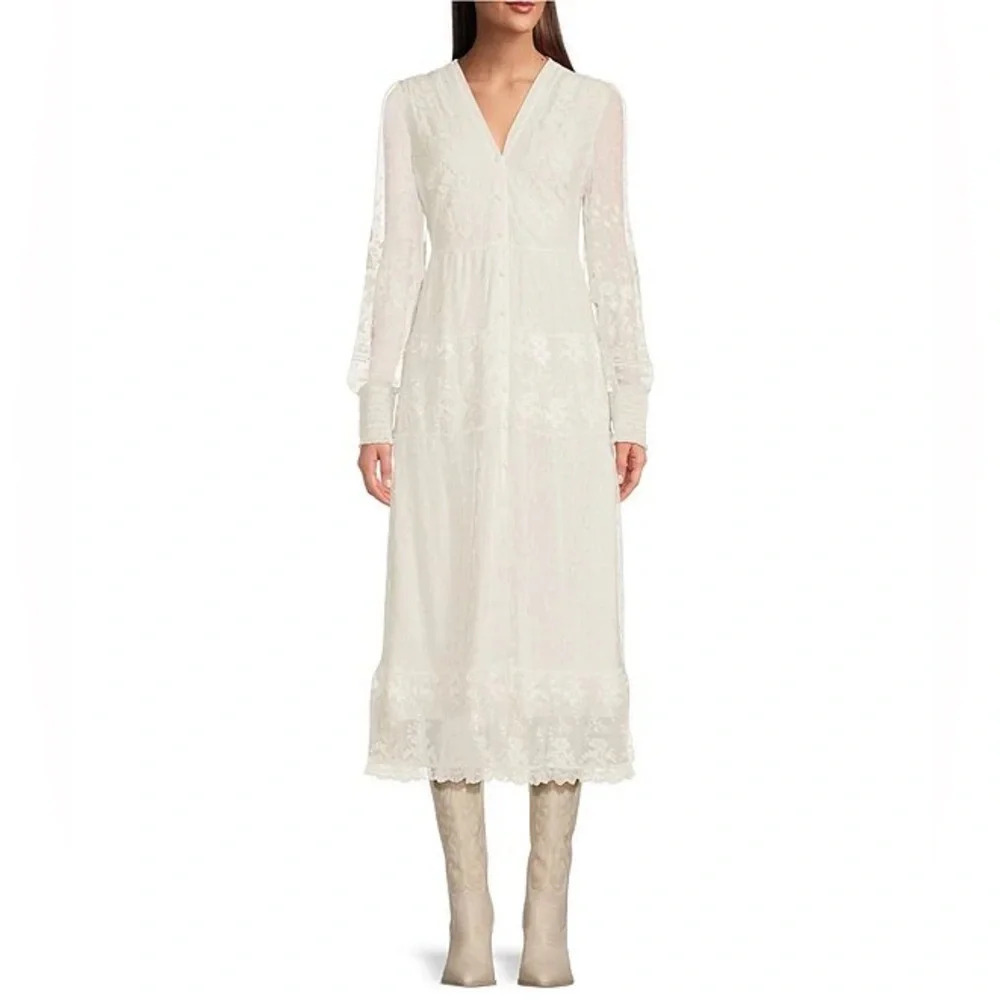 New Reba Embroidered Mesh Lace Button Front Tiered Off-White Midi Dress Size 8